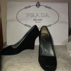 Authentic Prada Black Suede Wedges